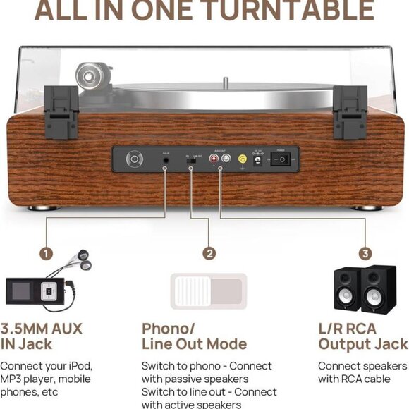 Turntable Record Player with Built-in Speakers, Brown. - Picture 2 of 3